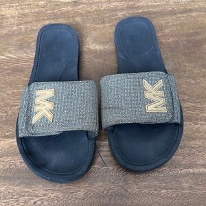 Michael Kors Glitter Chain Mesh Slide Sandals with Gold MK Accents